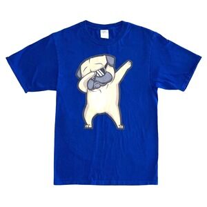 PUG T-shirt Size Small Blue Dabbing Dog Crew Neck Dab Fun Cotton Stretch Tee